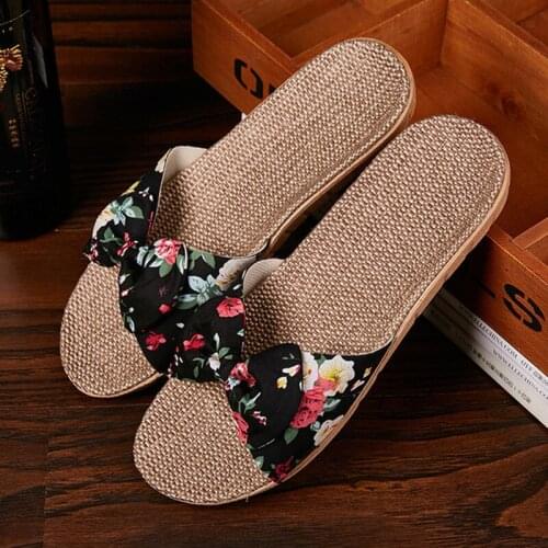 FAYUEKEY 2020 Summer Home Women Flax Breathable Print Slippers Ladies Floor Outdoor Beach Coquette Slides Sandals Flat Shoes