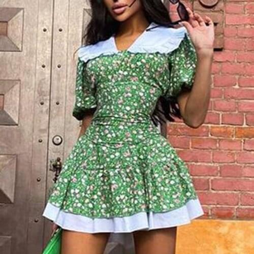 Elina Peter Pan Collar Puff Sleeve Dresses Women Fashion Prairie Chic Mini Dress Women Elegant Printed Dresses Female Ladies