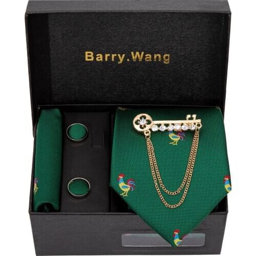Fashion Mens Wedding Tie Green Paisley Silk Tie Hanky Brooch Set Barry.Wang Jacquard Woven Neck Ties For Men Party Gift Box