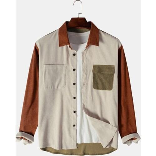 2021 Autumn New Mens Shirts Fashion Lapel Long Sleeve Colorblock Patchwork Corduroy Button Up Shirt With Pocket