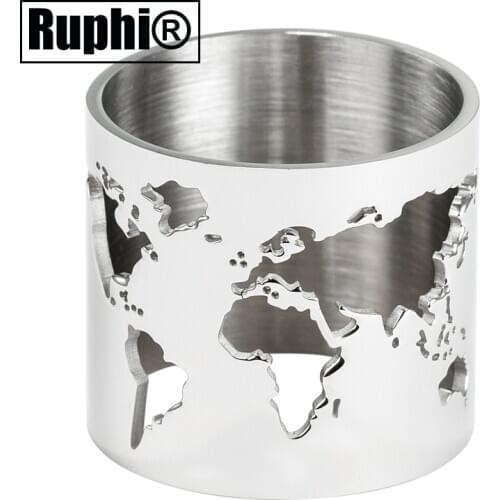 Steel World Map Cut-out Finger Ring Mirror Surface Stainless 20mm Spinner Ring Travel Peace Party Jewelry