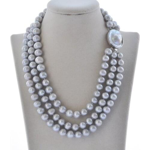 MCT·STAR Z10261 3Row 19" 11mm Natural Round Gray Freshwater Pearl Necklace Mabe