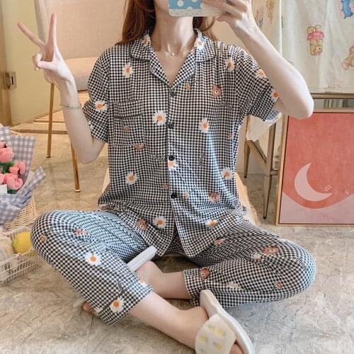 Pajamas womens summer new cartoon leisure short sleeve pants thin Korean version lovely loose large size home suit sleepwear