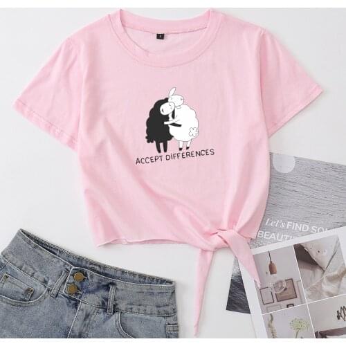 Accept Differences Sheep Knotted Crop Top Shirt Womens Summer Short Sleeve Cotton T-Shirt Cropped Tops Tee with Front Tie Knot