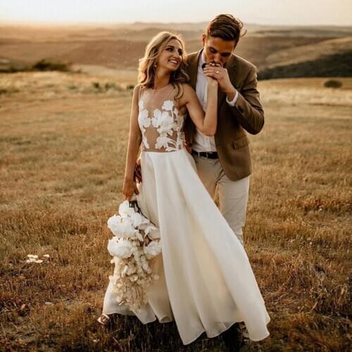 Simple See Through Floor Length Beach Wedding Dresses Illusion Back Destination Bridal Gowns Vestido Branco