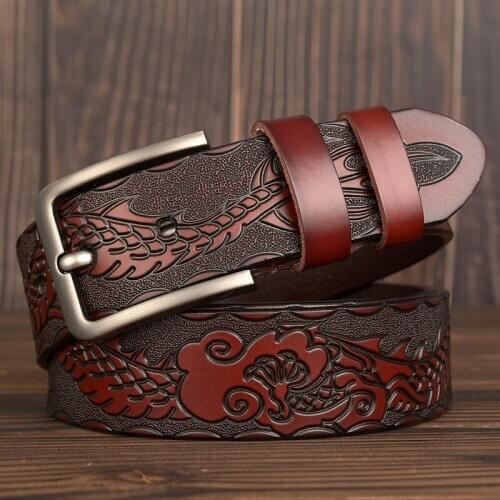 Luxury Dragon Cow Print Belts For Men Genuine Leather Designer Belt Male Luxury Vintage Pin Buckle Strap For Cowboy Jeans Belts