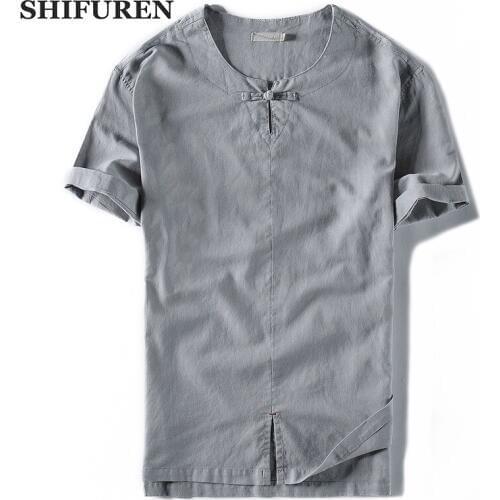 SHIFUREN Summer 2018 Men Causal Linen Cotton Shirts Short Sleeve Breathable Male Shirts Blouse Vintage Chinese Style Size M-4XL