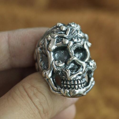 Sexy Naked Grils Skull Ring 925 Sterling Silver Mens Biker Punk Ring TA122 US Size 7~15