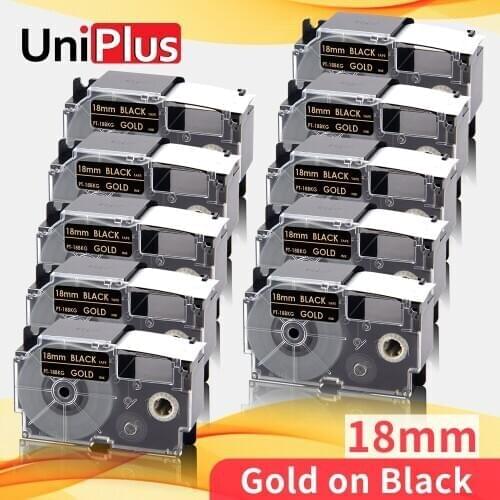 UniPlus XR-18BKG XR Label Tape 18mm Replacement Casio Printer Ribbon Gold on Black for Casio Label Maker KL8100 7000 430 780 120