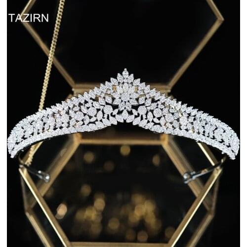 Vintage Full Cubic Zirconia CZ Wedding Crown Bridal Tiaras Zircon Pageant Headpieces Hair Jewelry for Women Fit with Party Dress