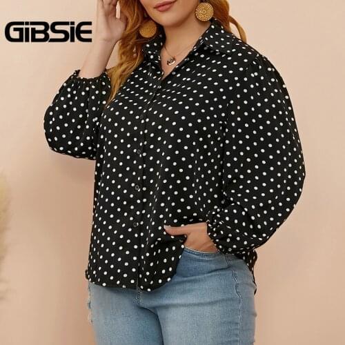 GIBSIE Plus Size Polka Dot Lapel Collar Women Shirts Elegant Black Long Sleeve Shirt Women Autumn Loose Casual Tops 4xl xxxl
