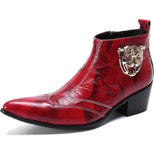 Luxury Boots Men Pointed Metal Tip Soft Leather Ankle Boots Zip Red Wedding and Party Boots Bota Masculina, Large Size 38-46