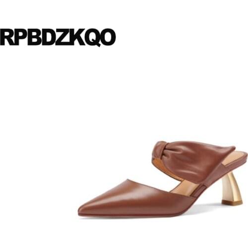 Women Thin Korean Mules Slipper Size 33 High Heels Shoes Genuine Leather Ladies Walking Pumps Brown Elegant Pointed Toe Suede