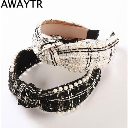 AWAYTR Fashion Plaid Pearl Headbands Hairbands Hair Hoop Girls Knot Head band Women Headwear Pearl Beads Border Hair Accessories