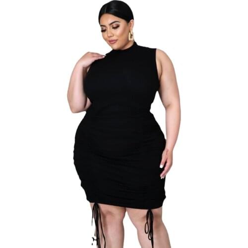 Sexy Bodycon Dress Women Plus Size Clothing 5xl Casual Round Collar Solid Color Sexy Sleeveless Drawstring Crease Dress