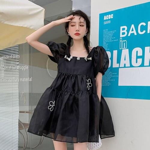 Organza Pearl Flower Puff Sleeve Temperament Dress 2021 Summer Women Square Collar Loose Sweet Doll Dress