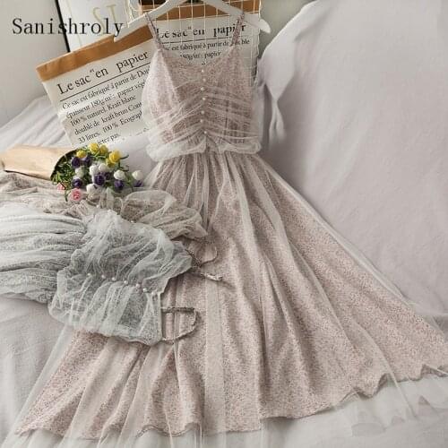 Women V Neck Folds Beading Mesh Dress Sweet Lace Patchwork Print Spaghetti Strap Dress Female Sleeveless A Line Long Vestidos