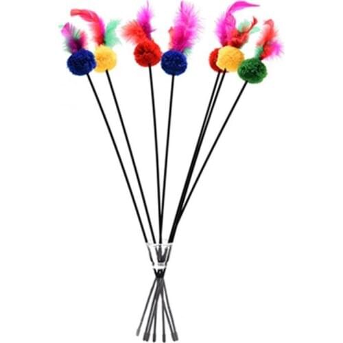 1pc Pet Cat Teaser Toys Feather Wand Cat Catcher Pom Pom Teaser Stick Cat Interactive Toys Rod Toy for Cats Kitten