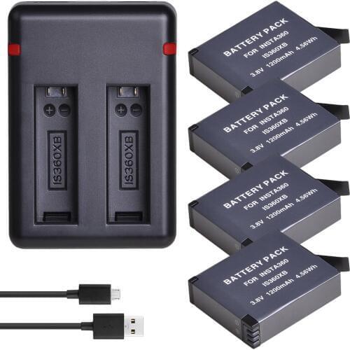 4PCS 1200mAh ONE X Battery+Dual USB Charger with Type C Port for Insta360 ONE X Camera Batteries