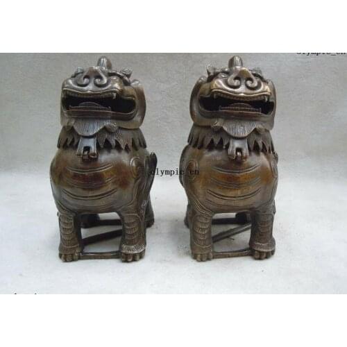 8" Chinese copper brass censer finely Foo Dogs lion incense burner pair statues