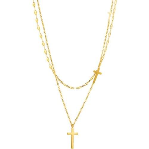 Stainless Steel Gold Minimalism Fashion Delicate Women Double Cross Long Chain Pendant Necklace Jewelry Gift For Him