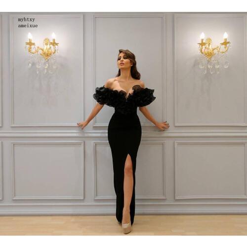 Black Sexy Evening Dresses 2020 Mermaid Cap Sleeves Organza Ruffles Slit Islamic Dubai Saudi Arabic Long Elegant Evening Gown