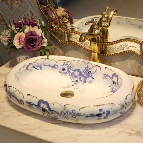 Jingdezhen Bathroom ceramic sink wash basin Counter Top vanity sink oval blue and white Ceramic Wash Basin Bathroom Sink