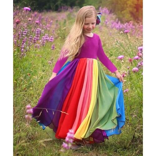 Childrens Skirt Rainbow Gauze Dress Girls Rainbow Print Princess Dress Flower Girl Dresses Autumn Winter Long-sleeved Clothes