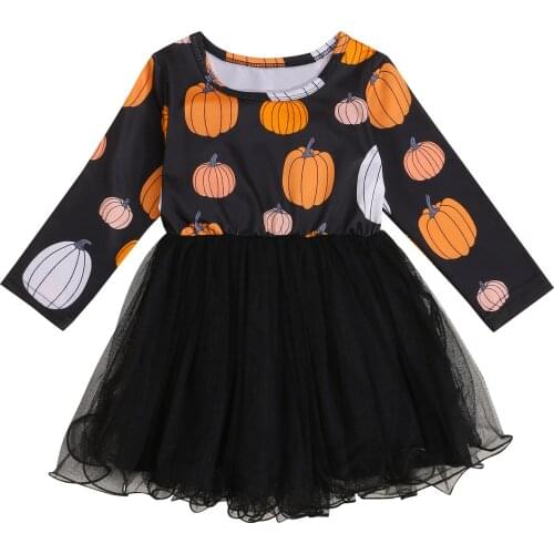 Toddler Kid Dress Halloween Cartoon Pumpkin Print Tulle Cotton Round Neck Long Sleeve Dresses for Fall 6 Month-4 Years