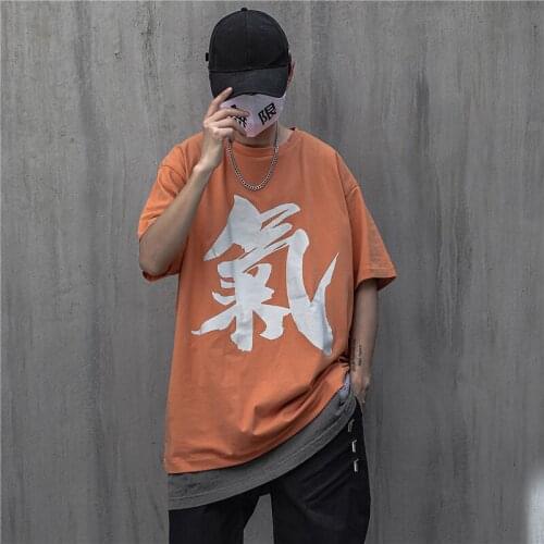 Embroidery Hip Hop Punk Harajuku Summer TShirts Men Chinese Character Print Cotton Loose Streetwear Shirts Casual T-Shirts Tops