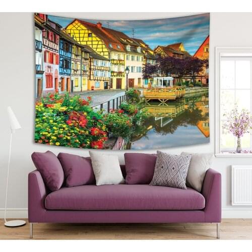 Tapestry Colorful Traditional French Houses on the Side of River Lauch in Petite Venise, Colmar, france Blue Yellow Green