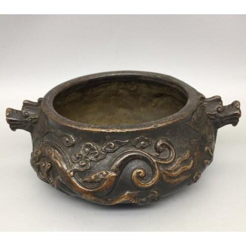China brass archaize double dragon Incense burner crafts statue