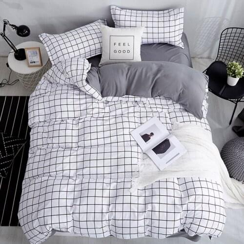 Queen Size Bedding Set White Color Black Plaid Microfiber Reactive Printed King Size Bed Linen Sets For Bedroom Kit