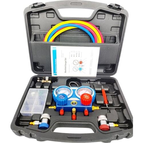 R134a R407C 404 Double Valve Pressure Gauge Car Air Conditioning Refrigerant Freon with Seal Rings Diagnostic Repairing Tool Kit