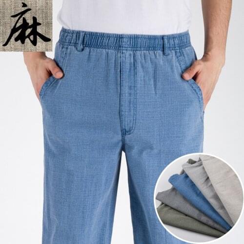 2021 Mens Summer Cotton and Linen High Waist Pants Elastic Linen Loose Old Thin Straight Casual Pants