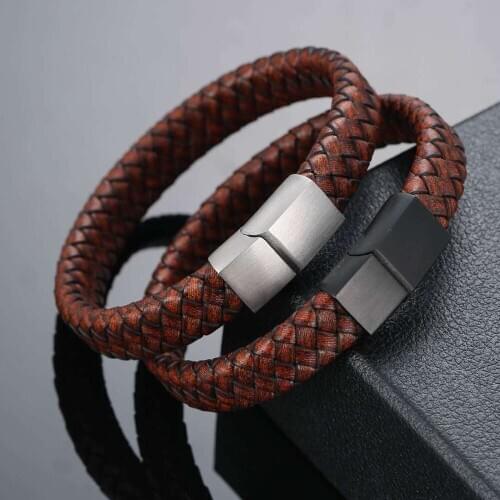 Mens leather Bracelet Punk Bracelete Stainless Steel Magnetic Buckle Braided leather Bracelets Pulsers Couple Jewelry Gift