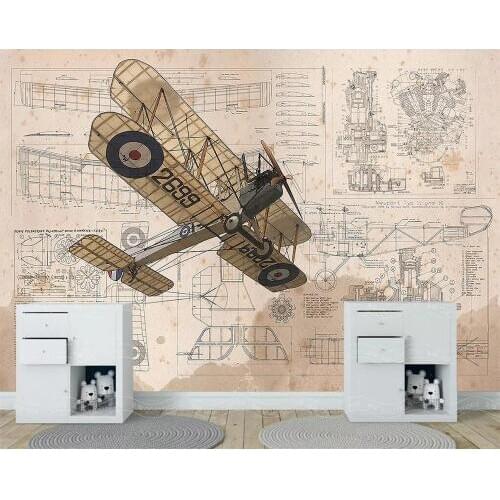 Beibehang Mural wallpaper hand drawn cartoon retro airplane fighter soaring background wall boy room decoration 3d wallpaper