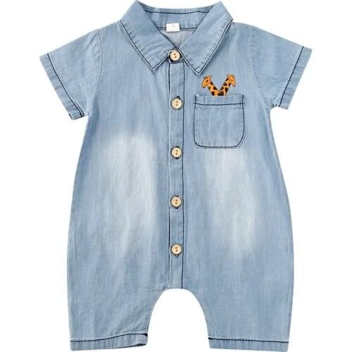 New Infant Denim Romper, Short Sleeve Cartoon Giraffe Print Jumpsuit for Baby Boys Girls