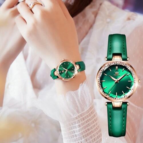OLEVS NEW Japan Lmported Movement Green Dial Genuine Leather Strap Elegant Temperament Quartz Wrist Watch Bracelet Necklace Set