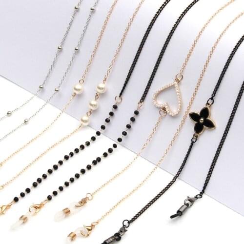 Heart Shaped White Pearl Necklace Beaded Multicolor Mask Chain Rhinestone Inlaid Lucky Sunglasses Accessory Gift for Girl Friend
