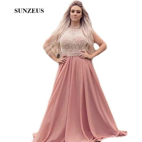Stunning Pearls Luxurious Prom Dresses O-Neck A-Line Pink Chiffon Formal Dresses Open Back Graduation Dresses galajurken SP17