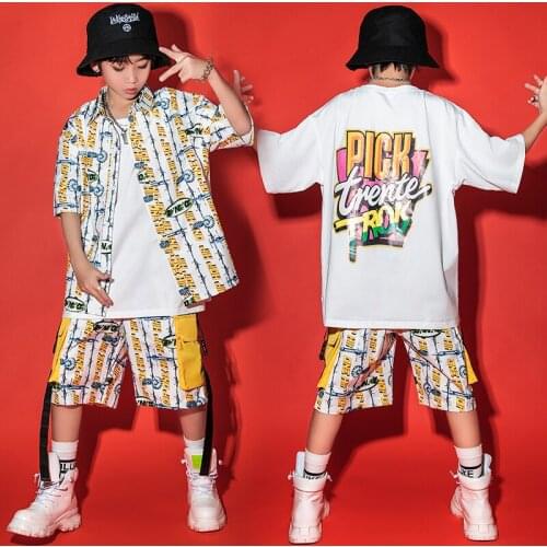 Hip Hop Dance Costumes Boys Print Short Sleeve Shirt Loose Casual Shorts For Kids Jazz Hiphop Dance Performance Street Clothes