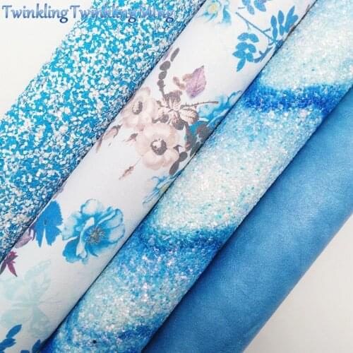 BLUE Glitter Fabirc, Faux Leather Fabric, Flowers Synthetic Leather Fabric Sheets For Bow A4 21x29CM Twinkling Ming XM554