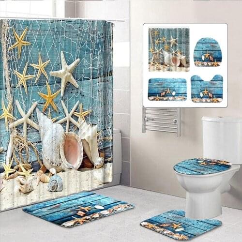 Beach Shells Pattern Waterproof Polyester Bathroom Curtain with Hooks Anti-slip Soft Bath Carpet Mat Lid Toilet Cover Home Decor