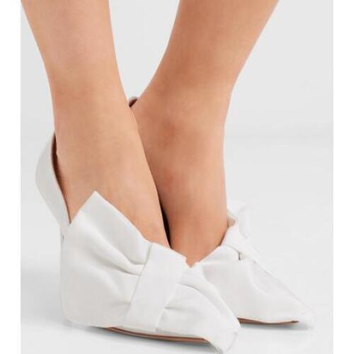 Spring New 2018 Lady White Pointed Toe Big Bow Ties Womens Off-White Bow-embellished Grosgrain Pumps Wedding Pumps Shoes 42