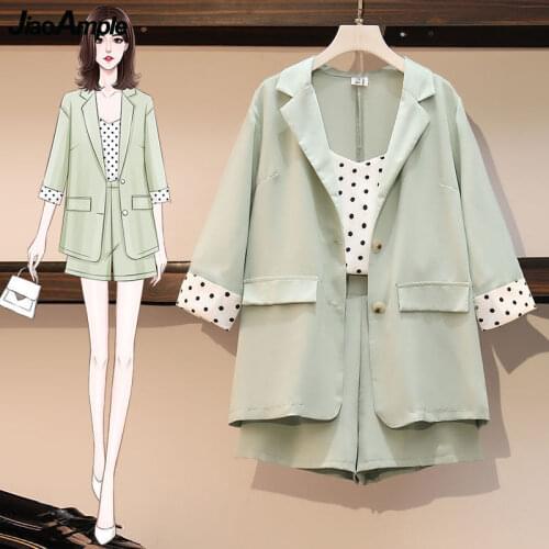 Large Size (40-100kg) Womens Summer Suit 2021 Lady Office 3 Piece Shorts Sling Tops Jacket Sets Fashion Polka Dot Clothing Set