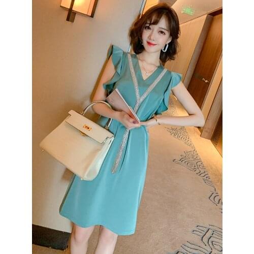 Top Quality Simple style V-neck Ruffle sleeveless loose chain lace dress for women