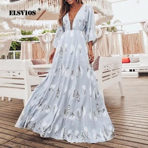 Fall 2021 Elegant Maxi Party Women Sexy Deep V Flared Sleeves Dress Summer Ladies Fashion Feather Printed Holiday Dress Vestidos