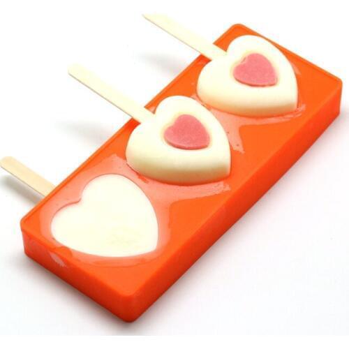 1 set Ice Cream Tools 3-Cavity Heart-shaped Ice Pop Molds Soft Popsicle Molds Ice cream Makers With Lid Silicone Mold