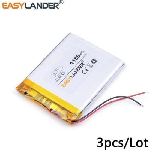3pcs /Lot 3.7v lithium Li ion polymer rechargeable battery 524945 1150mah with Protection Board For MP4 PSP GPS Tablet PCs PDA